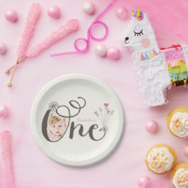 Whimsical One Pink Baby Girl 1. Geburtstag Foto Pappteller