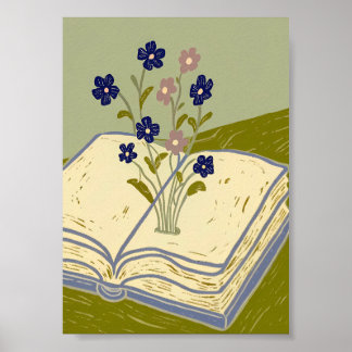 Whimsical Open Book with Wildflowers Illustration  Poster