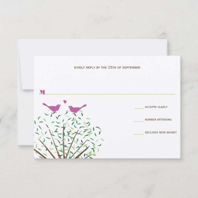 Whimsical Orange and Fuchsia Love Bird Tree UAWG RSVP Karte (Vorderseite)