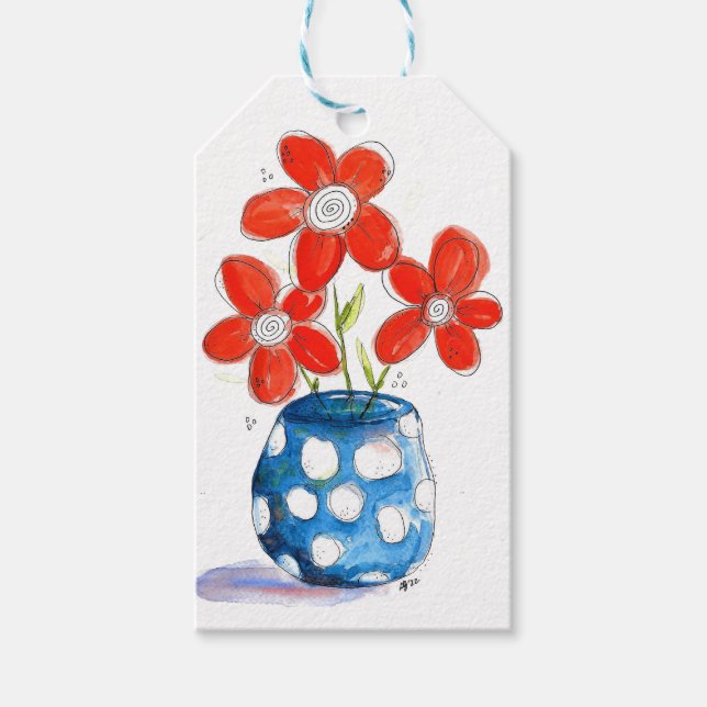 Whimsical Orange Blume in Blue Vase Geschenkanhänger (Vorderseite)