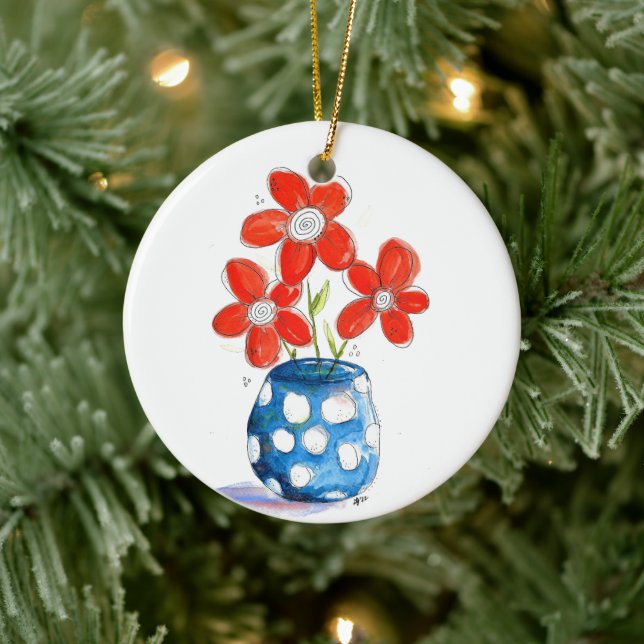Whimsical Orange Blume in Blue Vase Keramik Ornament (Baum)