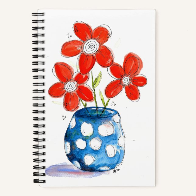 Whimsical Orange Blume in Blue Vase Notizbuch (Vorderseite)
