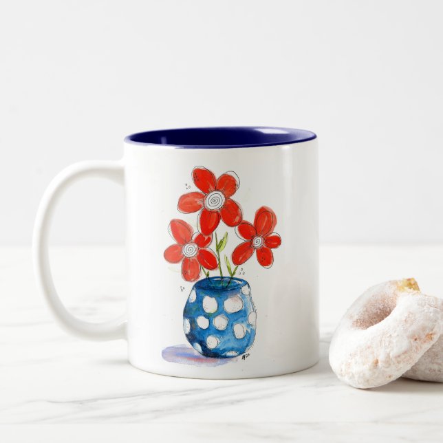 Whimsical Orange Blume in Blue Vase Zweifarbige Tasse (Mit Donut)