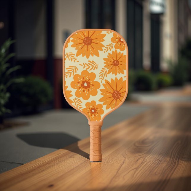 Whimsical Orange Floral 70er Boho Botanischer Früh Pickleball Schläger (Von Creator hochgeladen)