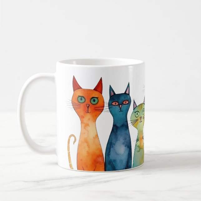 Whimsical Orange Lila Aquamarine Aquarellkatzen Kaffeetasse (Links)