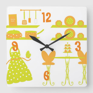 Whimsical Orange und Green Kitchlock Quadratische Wanduhr