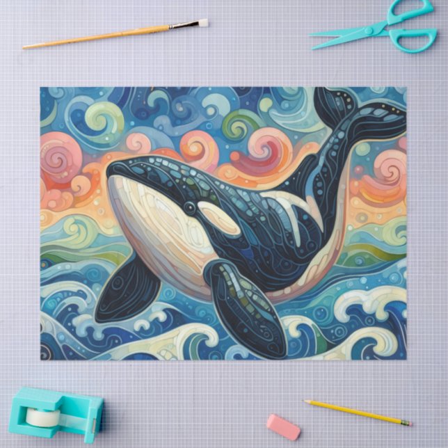 Whimsical Orca Whale Beach Coastal Dekoupage Seidenpapier (Basteln)