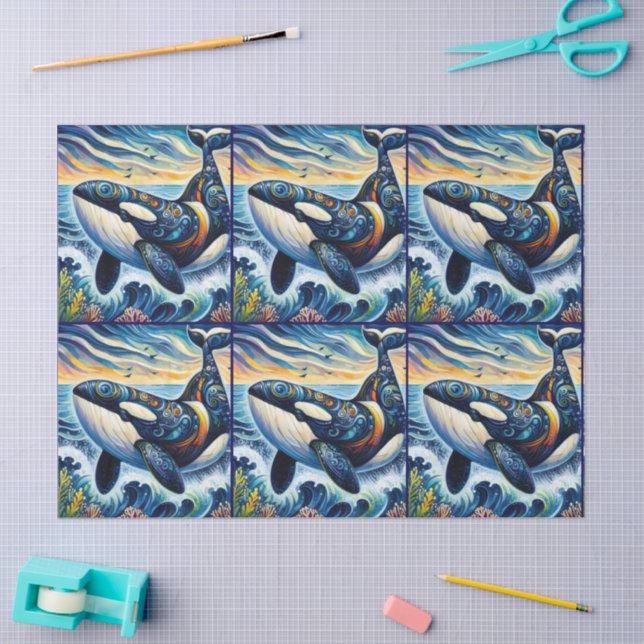 Whimsical Orca Whale Beach Coastal Dekoupage Seidenpapier (Basteln)