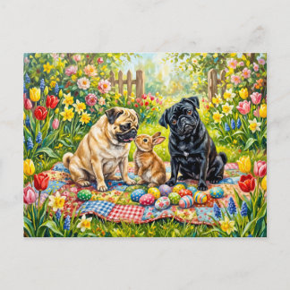 Whimsical Oster-Picknick-Mops-Hunde-Illustration Postkarte