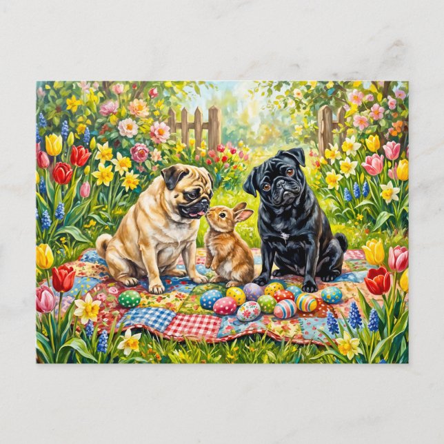 Whimsical Oster-Picknick-Mops-Hunde-Illustration Postkarte (Vorderseite)