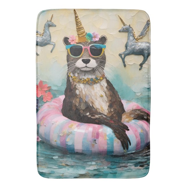 Whimsical Otter and Unicorns Floating on a River Badematte (Vorderseite Vertikal)