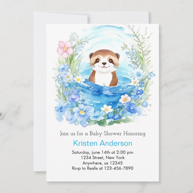 Whimsical Otter's Watercolor Boy Baby Shower Einladung (Vorderseite)