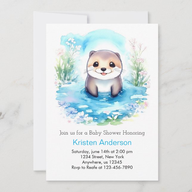 Whimsical Otter's Watercolor Boy Baby Shower Einladung (Vorderseite)
