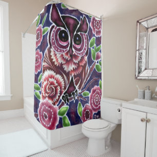 Whimsical Owl auf Blütenzweig Rosa Blau Duschvorhang