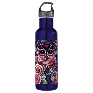 Whimsical Owl auf Blütenzweig Rosa Blau Edelstahlflasche