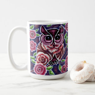 Whimsical Owl auf Blütenzweig Rosa Blau Kaffeetasse