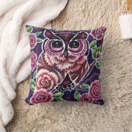 Whimsical Owl auf Blütenzweig Rosa Blau Kissen