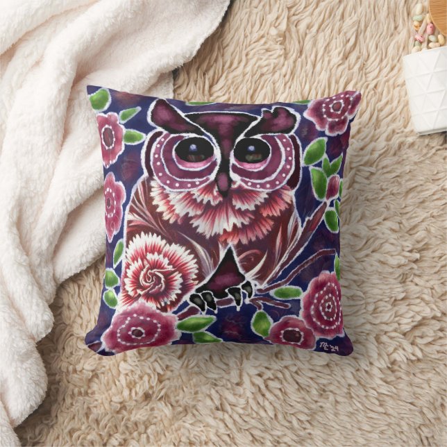Whimsical Owl auf Blütenzweig Rosa Blau Kissen (Decke)
