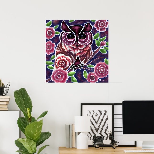Whimsical Owl auf Blütenzweig Rosa Blau Poster (Heimbüro)