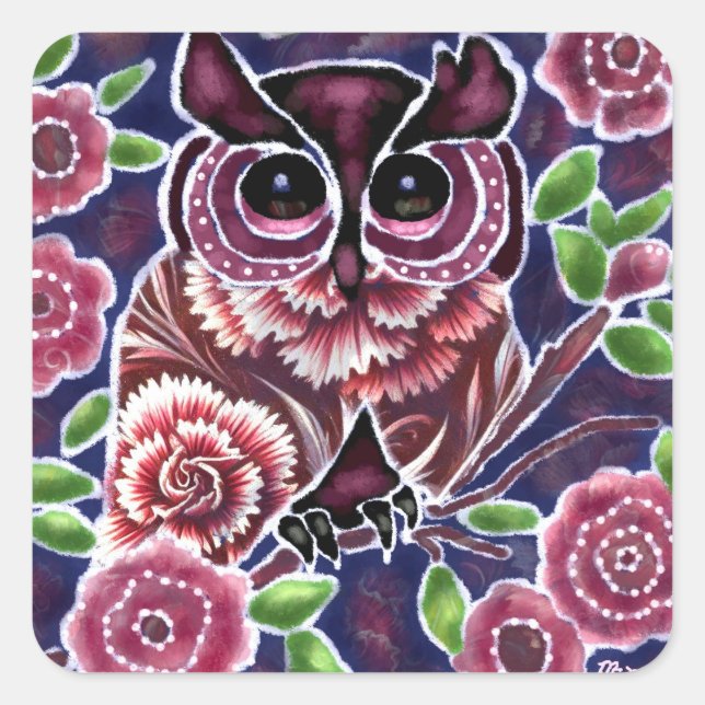 Whimsical Owl auf Blütenzweig Rosa Blau Quadratischer Aufkleber (Vorderseite)