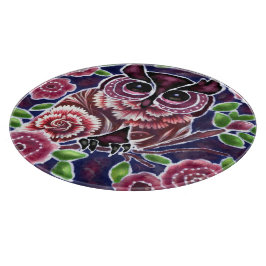 Whimsical Owl auf Blütenzweig Rosa Blau Schneidebrett
