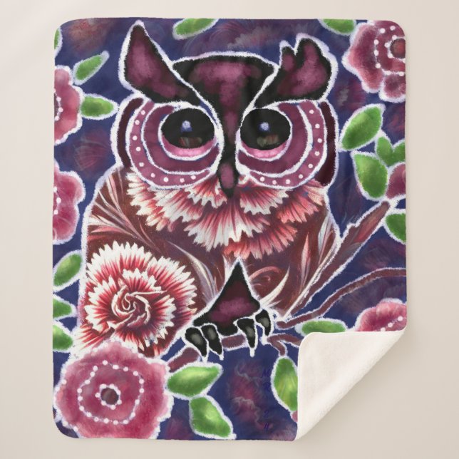 Whimsical Owl auf Blütenzweig Rosa Blau Sherpadecke (Vorderseite)
