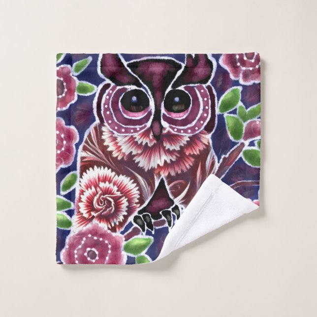Whimsical Owl auf Blütenzweig Rosa Blau Waschlappen (Waschlappen)