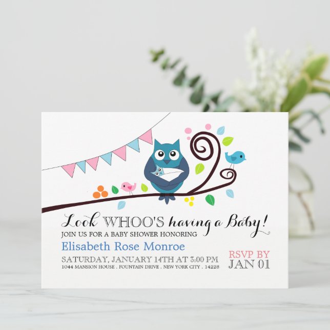 Whimsical Owl Baby Dusche Einladung (Stehend Vorderseite)