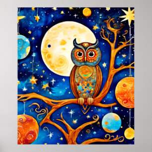 Whimsical Owl Celestis: Sterne, Mond, Planeten Poster