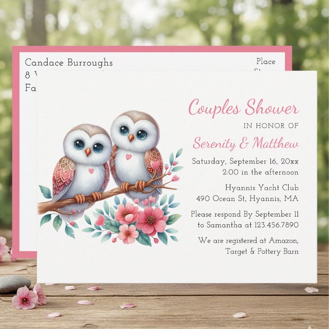 Whimsical Owl Couple Woodland Couple Shower Einladungspostkarte (Von Creator hochgeladen)