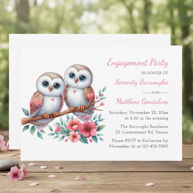 Whimsical Owl Couple Woodland Engagement Party Einladung (Von Creator hochgeladen)