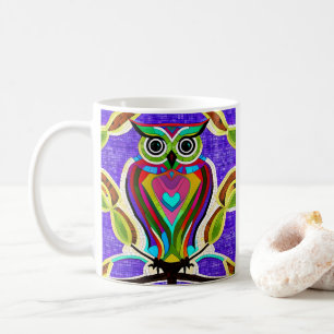 Whimsical Owl KI Kunst mit bunten Federn Kaffeetasse