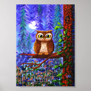 Whimsical Owl Kunst Wald Mond Creationarts Poster