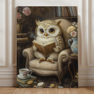Whimsical Owl Reading Buch Lover Art Leinwanddruck