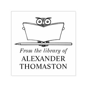 Whimsical Owl Reading Large Book Library Name Permastempel