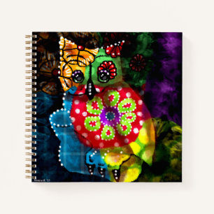 Whimsical Owl Talavera Style Green Blue Floral Notizbuch