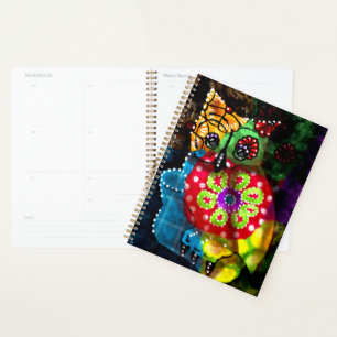 Whimsical Owl Talavera Style Green Blue Floral Planer