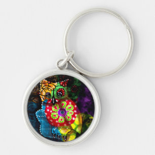 Whimsical Owl Talavera Style Green Blue Floral Schlüsselanhänger