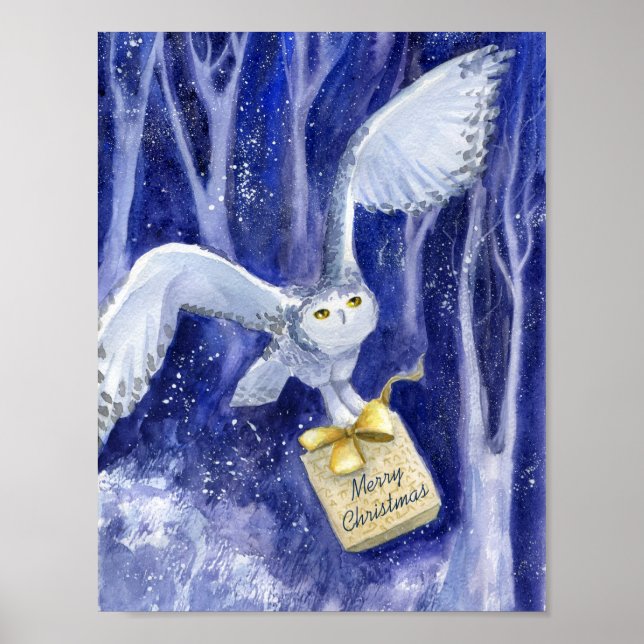 Whimsical Owl Weihnachten blauviolette Wasserfarbe Poster (Vorne)