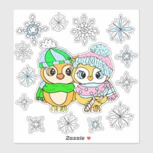 Whimsical Owls Couple und Snowflakes Aufkleber