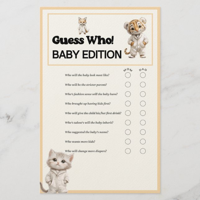 Whimsical Pajama Animals: Guess Who Baby Game  Briefpapier (Vorderseite)