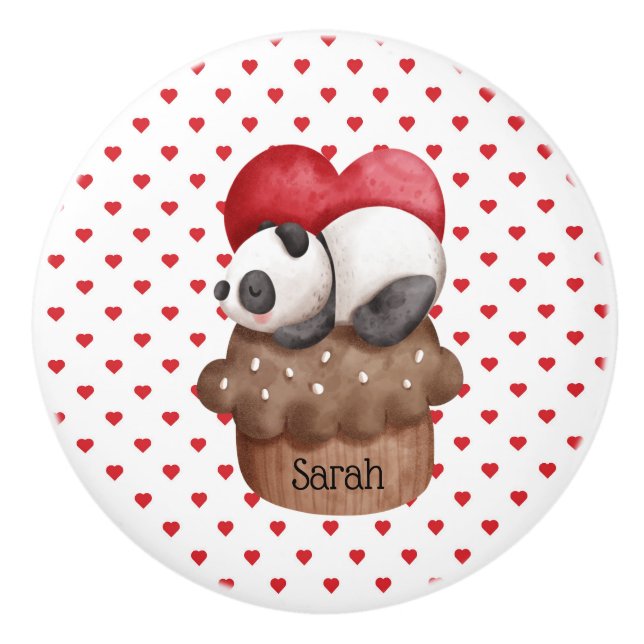 Whimsical Panda Bär auf einem Cupcake Mit Monogram Keramikknauf (Vorderseite)