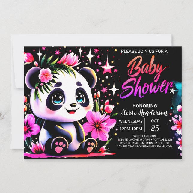 Whimsical Panda Enchantment Girl Baby Dusche Einladung (Vorderseite)