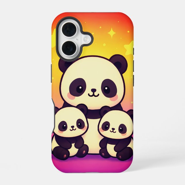 Whimsical Panda Trio in Gradient Dreamscape iPhone 16 Hülle (Rückseite)