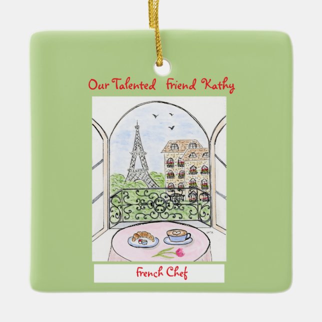 Whimsical Paris and Eiffel Tower French Chef Keramikornament (Vorderseite)