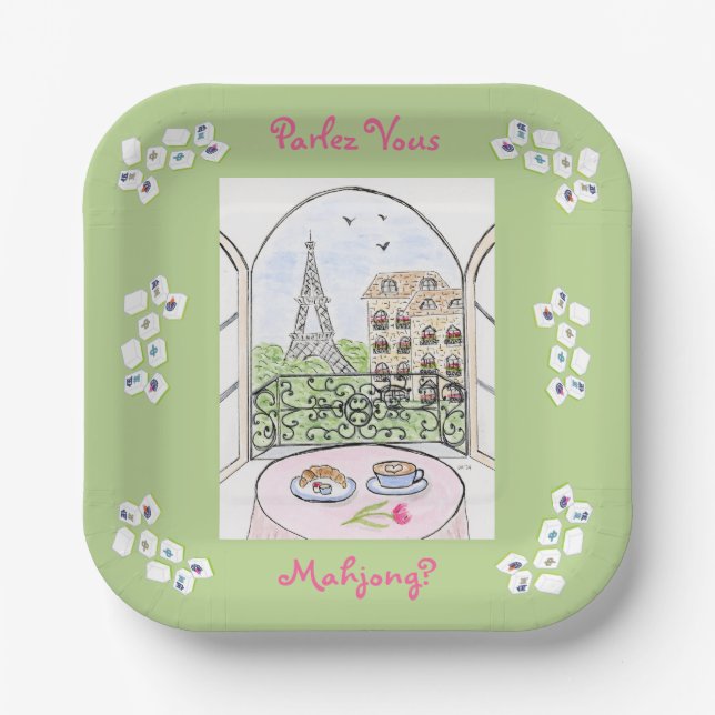 Whimsical Paris and Eiffel Tower Parley MAHJONG Pappteller (Vorderseite)