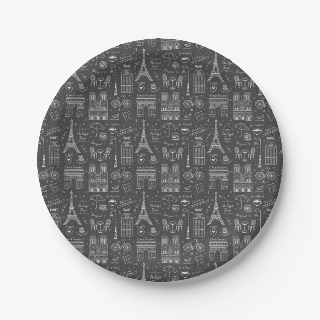 Whimsical Paris Doodles Pattern Pappteller (Vorderseite)