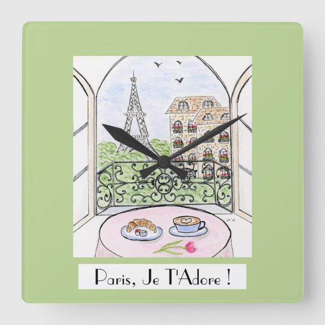 Whimsical Paris Eiffel Tower I Adore You! Quadratische Wanduhr (Vorderseite)
