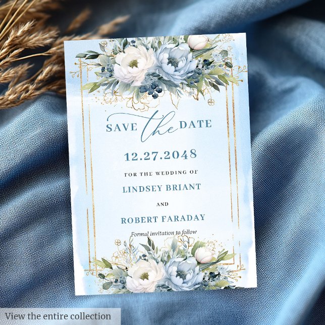 Whimsical Pastel Blue White Gold Blume Rett Datum Einladung (Whimsical Pastel Blue White Gold Flowers Save The Date)