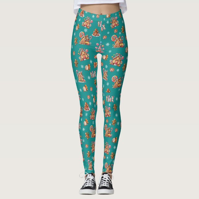 Whimsical Pastel Christmas Ginger Brot gemustert Leggings (Vorderseite)